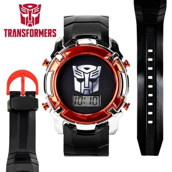 Accutime Transformers LCD Digital Watch for Kids - Iconic Autobot Design, Flashing LED Lights, Black and Red Durable Strap, Comes in Collectible Tin Box