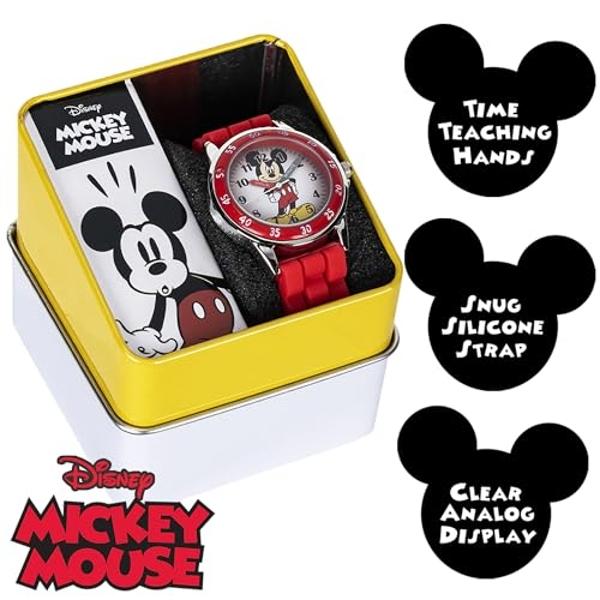 Disney Mickey Mouse Kids Time Teacher Analog Watch with Red Rubber Strap, Labeled Hour and Minute Hands, Fixed Bezel and Collectible Tin Gift Box Fits Wrists 5.5" to 8"