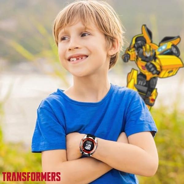 Accutime Transformers LCD Digital Watch for Kids - Iconic Autobot Design, Flashing LED Lights, Black and Red Durable Strap, Comes in Collectible Tin Box