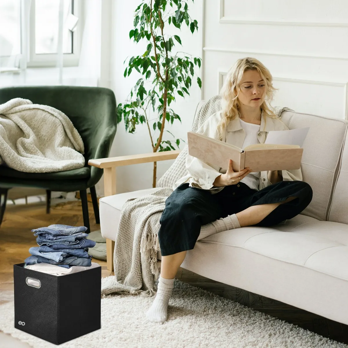 Juego 6 Cajas Organizadoras De Tela Plegables Hogar Almacenamiento Negro