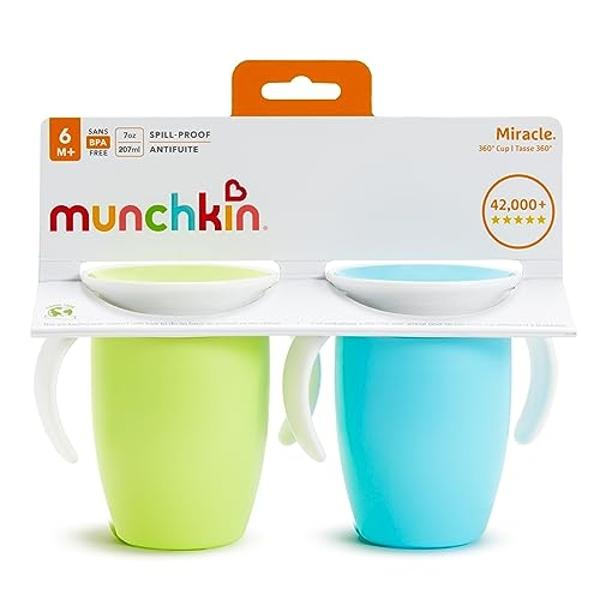 Munchkin Sippy Cup for 6 Month Old and Up, Spill Proof Miracle 360 Toddler Cups with Transition Handles, 7 Ounce, 2 Pack, Blue/Green
