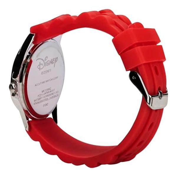 Disney Mickey Mouse Kids Time Teacher Analog Watch with Red Rubber Strap, Labeled Hour and Minute Hands, Fixed Bezel and Collectible Tin Gift Box Fits Wrists 5.5" to 8"