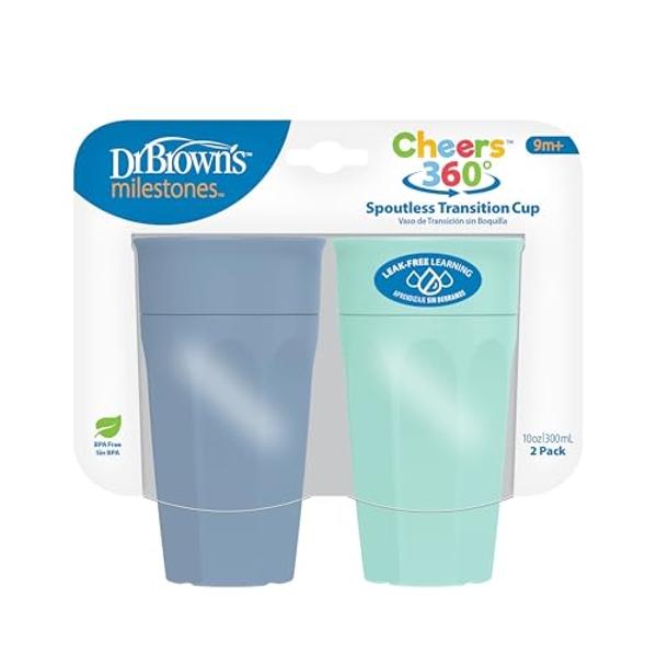 Dr. Brown's Milestones Cheers 360 Training Cup for Toddlers & Babies, Leak-Free Sippy Cup, Blue/Aqua, 10oz/300mL, 9m+, 2 Pack (Colors May Vary)