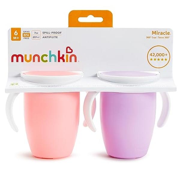 Munchkin Sippy Cup for 6 Month Old and Up, Spill Proof Miracle 360 Toddler Cups with Transition Handles, 7 Ounce, 2 Pack, Pink/Purple