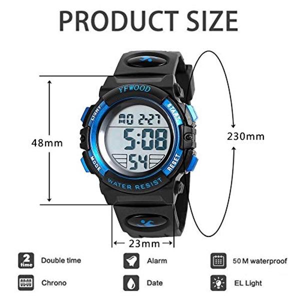 YFWOOD Kids Digital Watch,Waterproof Outdoor Watches, Children Casual Electronic Analog Quartz Wrist Watches with Silicone Band Luminous Alarm Stopwatch for Boys -Blue
