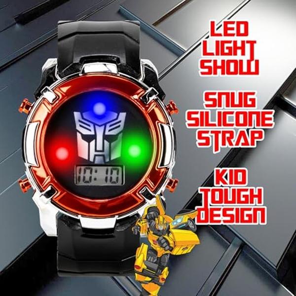 Accutime Transformers LCD Digital Watch for Kids - Iconic Autobot Design, Flashing LED Lights, Black and Red Durable Strap, Comes in Collectible Tin Box