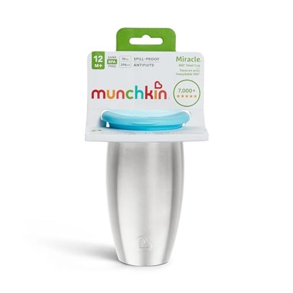 Munchkin Stainless Steel Sippy Cups for Toddlers 1-3, Spill Proof Miracle 360 Cup, Insulated, 10 Ounce, Blue