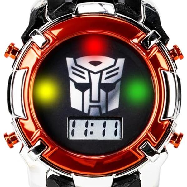 Accutime Transformers LCD Digital Watch for Kids - Iconic Autobot Design, Flashing LED Lights, Black and Red Durable Strap, Comes in Collectible Tin Box