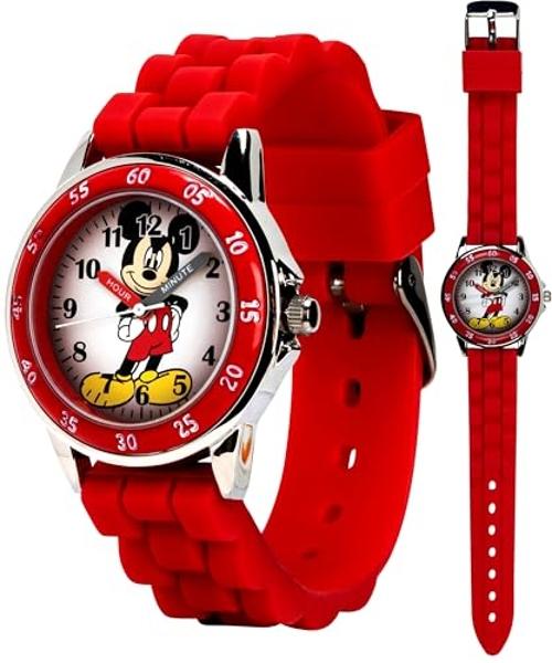 Disney Mickey Mouse Kids Time Teacher Analog Watch with Red Rubber Strap, Labeled Hour and Minute Hands, Fixed Bezel and Collectible Tin Gift Box Fits Wrists 5.5" to 8"
