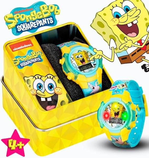 Accutime Nickelodeon Spongebob Squarepants Kids LCD Watch with LED Lights - Colorful Character Strap, Interactive Flashing Display, Comes in Collectible Tin Box