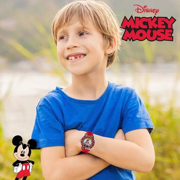 Disney Mickey Mouse Kids Time Teacher Analog Watch with Red Rubber Strap, Labeled Hour and Minute Hands, Fixed Bezel and Collectible Tin Gift Box Fits Wrists 5.5" to 8"