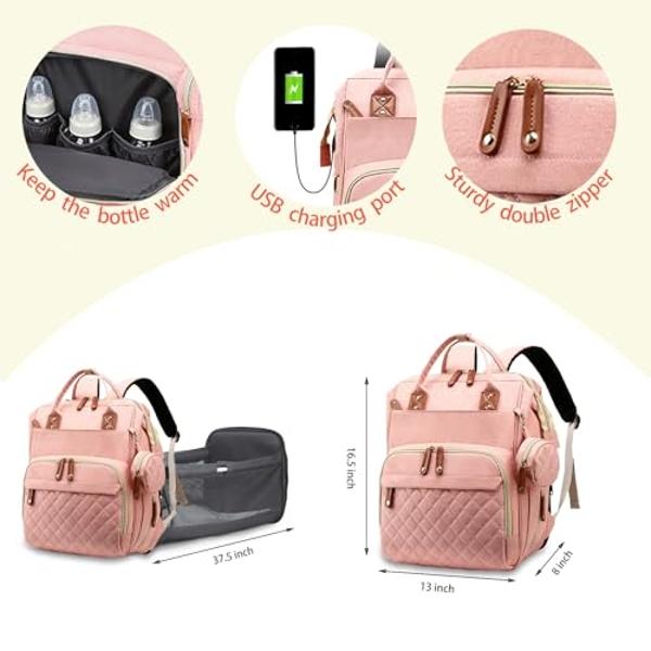 Diaper Bag with Changing Station, Waterproof 3 in 1 Baby Diaper Backpack with Foldable Changing Pad, Large Travel Back Pack for Baby Girl Boy, Peach Pink
