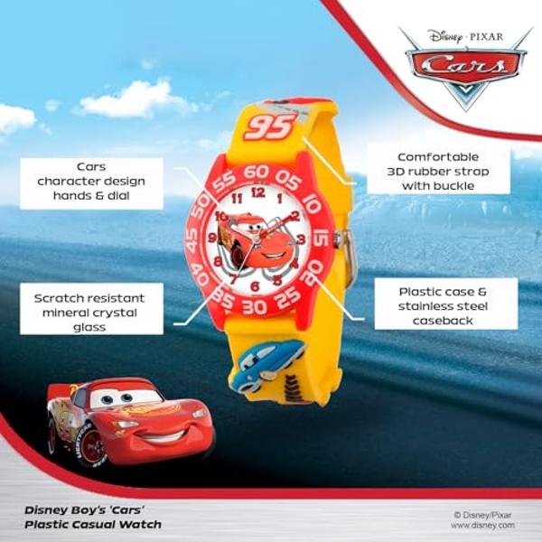 Disney Pixar Cars Lightning McQueen Watch For Kids - Boys Watch - Toddler Watches - Kids Toys Boys - Disney Toddler - For Teen - Red Bezel - 3D Yellow Strap