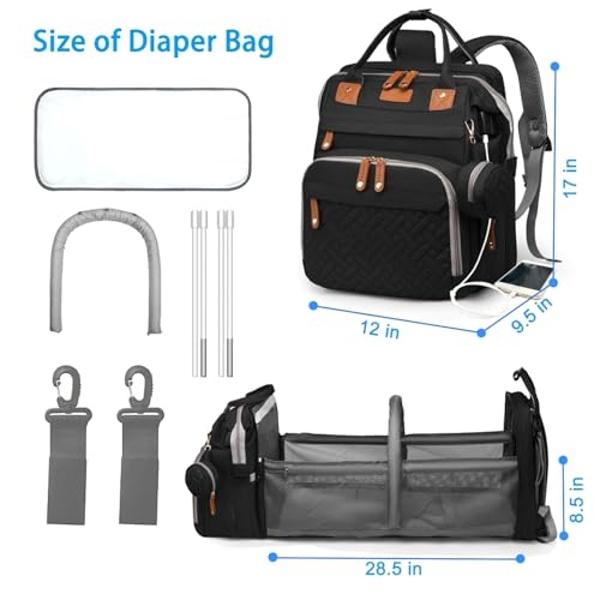Jeryswet Baby Diaper Bags with Changing Station, Waterproof Large Capacity Diaper Bag Backpack for Moms Dads with USB Charging Port and Stroller Straps, Baby Shower Gifts, Black