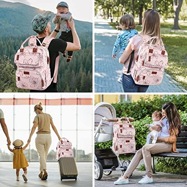 Diaper Bag Backpack, Baby Girl Diaper Bag for Mom, Large Pink Floral Diaper Bag Backpack for Girls, Waterproof Mom Backpack for Work Travel Holiday with Insulated Pockets and Strol