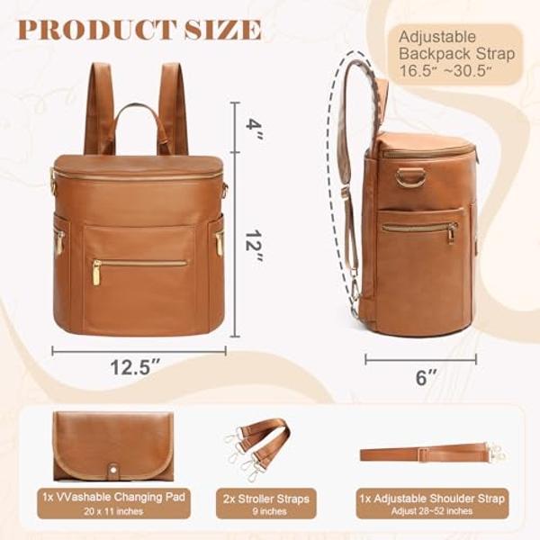miss fong Diaper Bag Backpack Baby Diaper Bag, Large Leather Diaper Backpack with 16 Pockets Travel Diaper Bag with Diaper Changing Pad, Stroller Straps & 2 Insulated Pockets (Regu