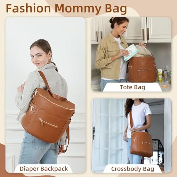 miss fong Diaper Bag Backpack Baby Diaper Bag, Large Leather Diaper Backpack with 16 Pockets Travel Diaper Bag with Diaper Changing Pad, Stroller Straps & 2 Insulated Pockets (Regu
