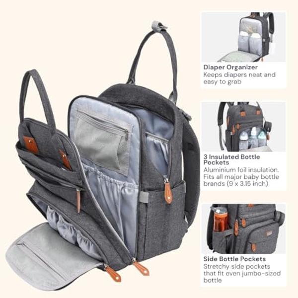 BabbleRoo Diaper Bag Backpack - Baby Essentials Travel Tote - Multi Function Waterproof Diaper Bag, Travel Essentials Baby Bag with Changing Pad, Stroller Straps & Pacifier Case - 