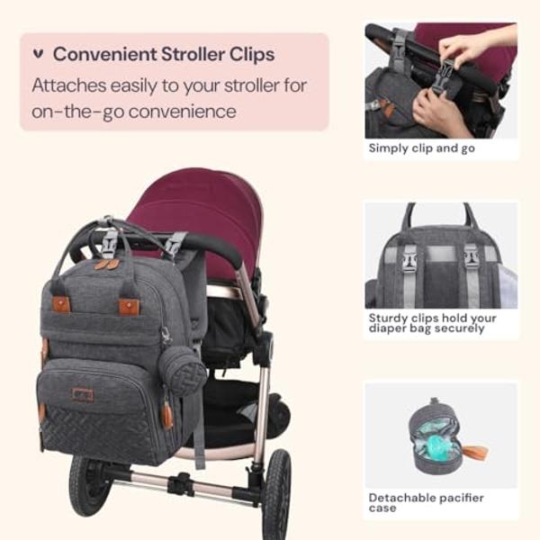 BabbleRoo Diaper Bag Backpack - Baby Essentials Travel Tote - Multi Function Waterproof Diaper Bag, Travel Essentials Baby Bag with Changing Pad, Stroller Straps & Pacifier Case - 