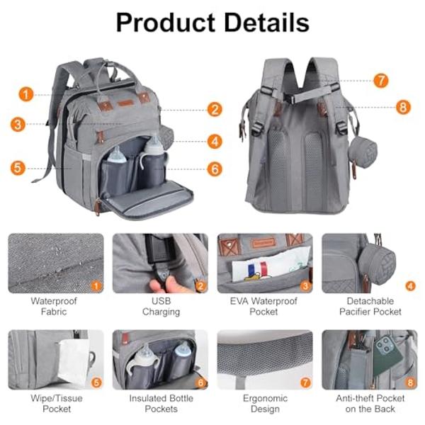 Baby Diaper Bag, Backpack with Changing Table, Unisex Baby Bag, with Diaper Pad, USB Charging Port, Insulated Pacifier Case, Multifunctional Waterproof Travel Diaper Bag, Gift for 