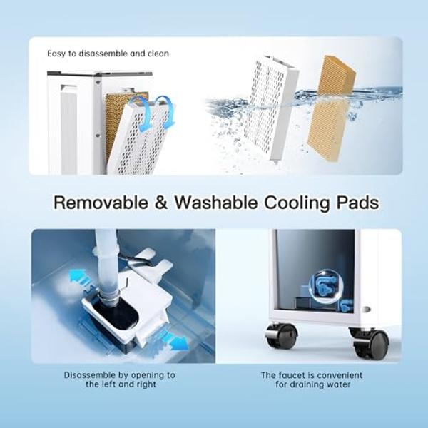 Feculs Portable Air Conditioners, 3-IN-1 Swamp Cooler, Evaporative Air Cooler, 4 Modes & 3 Speeds, 2-Gal Water Tank for Cooling, 16 FT/S Remote Control, Windowless Air Conditioner 
