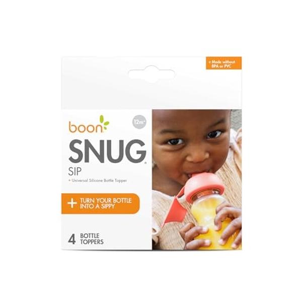 Boon Snug Sip Universal Water and Juice Silicone Bottle Toppers - Soft Spout Conversion Caps with Spill Proof Valves - Silicone Bottle Covers for Travel - Includes 4 Bottle Toppers