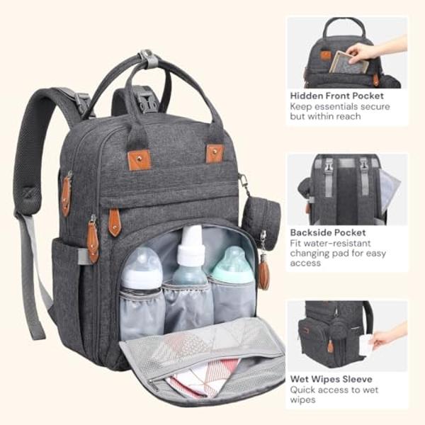 BabbleRoo Diaper Bag Backpack - Baby Essentials Travel Tote - Multi Function Waterproof Diaper Bag, Travel Essentials Baby Bag with Changing Pad, Stroller Straps & Pacifier Case - 