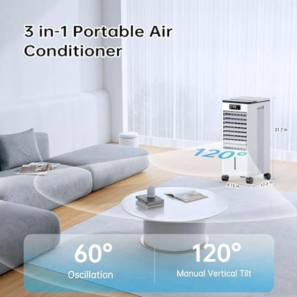 Feculs Portable Air Conditioners, 3-IN-1 Swamp Cooler, Evaporative Air Cooler, 4 Modes & 3 Speeds, 2-Gal Water Tank for Cooling, 16 FT/S Remote Control, Windowless Air Conditioner 