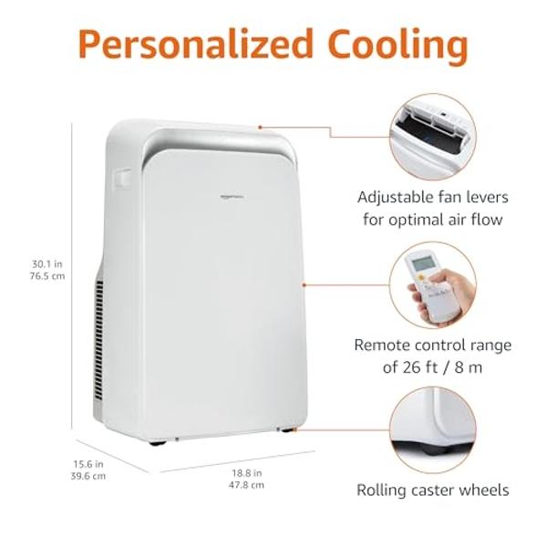 Amazon Basics 4-In-1 Portable AC (Air Conditioner), with Cool/Heat/Dry (Dehumidifier)/Fan-Only Functions, Auto Mode, Sleep Mode, Timer, Cools 550 Sqf, 13,000 BTU (ASHARE)/10000 BTU