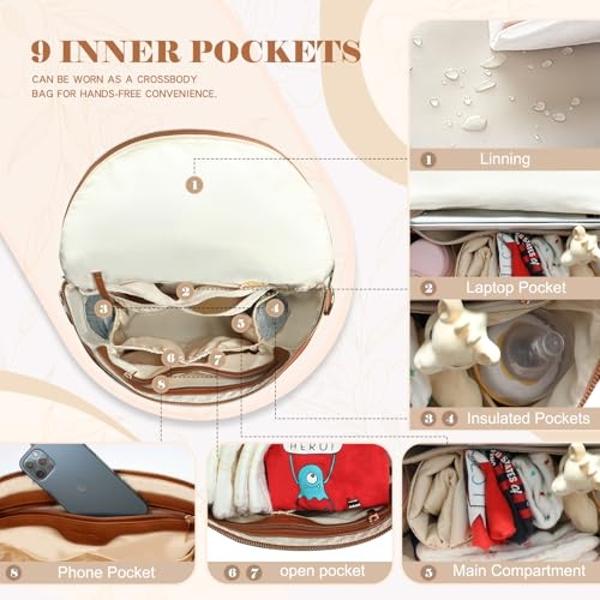 miss fong Diaper Bag Backpack Baby Diaper Bag, Large Leather Diaper Backpack with 16 Pockets Travel Diaper Bag with Diaper Changing Pad, Stroller Straps & 2 Insulated Pockets (Regu