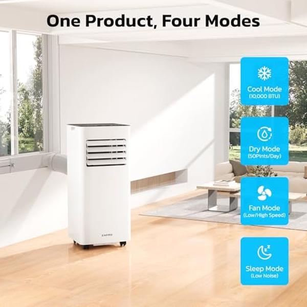 ZAFRO 10,000 BTU Portable Air Conditioners, 4 Modes Portable AC Unit with Fast Cooling/Energy Saving/Remote Control/24Hrs Timer for Bedroom/Dorms/Indoor Rooms, White