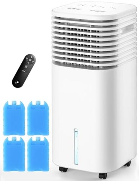 CENSTECH 4-IN-1 Portable Air Conditioners, Evaporative Air Cooler w/4 Modes & 3 Speeds, 15H Timer for Smart Auto-off, 2-Gal Tank for 20H Cooling,17FT Remote,No Hose Needed,120°Osci