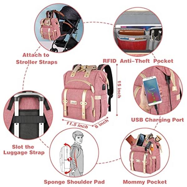 Diaper Bag Backpack, Baby Girl Diaper Bag for Mom, Large Pink Floral Diaper Bag Backpack for Girls, Waterproof Mom Backpack for Work Travel Holiday with Insulated Pockets and Strol