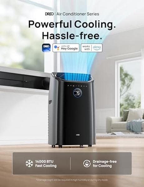 Dreo Portable Air Conditioners, 14000 BTU AC Unit for Bedroom with Drainage-free Cooling, 3-in-1 with Fan & Dehumidifier, Touch/APP/Voice/Remote, 24h Timer, Smart Floor AC for Room