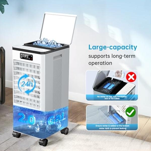 Feculs Portable Air Conditioners, 3-IN-1 Swamp Cooler, Evaporative Air Cooler, 4 Modes & 3 Speeds, 2-Gal Water Tank for Cooling, 16 FT/S Remote Control, Windowless Air Conditioner 
