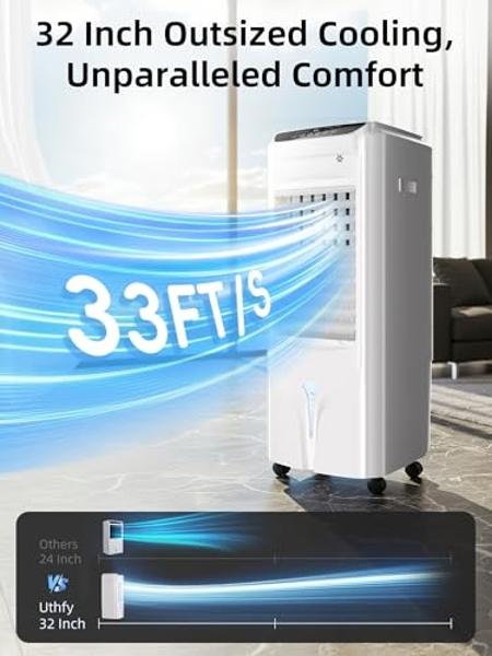 Uthfy 1800 CFM Evaporative Air Cooler, 32 Inch Swamp Cooler Air Conditioner with 4.2 Gal Water Tank, 120°Oscillation, 12H Timer, 3 Speed, 4 Modes, Remote, Portable Cooling Fan for 