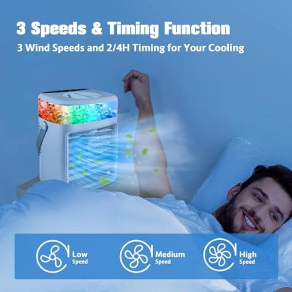 Portable Air Conditioners, Instant Cooling Mini Air Conditioner 3 Wind Speeds & Humidifier Mist USB Portable AC, Personal Air Cooler with Timer, 7 Colors Light, Mini AC for Bedroom