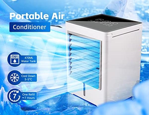 Portable Air Conditioners Fan, Evaporative Air Cooler, USB Personal Mini Air Conditioner with 3 Wind Speeds & 3 Timers Touch Screen Desktop Cooling Fan for for Home Room Camping Ca