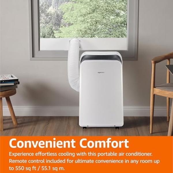 Amazon Basics 4-In-1 Portable AC (Air Conditioner), with Cool/Heat/Dry (Dehumidifier)/Fan-Only Functions, Auto Mode, Sleep Mode, Timer, Cools 550 Sqf, 13,000 BTU (ASHARE)/10000 BTU
