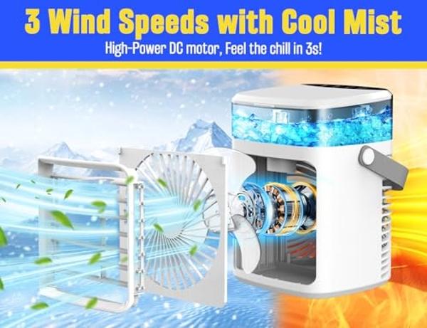 Portable Air Conditioners, Fast Cooling Evaporative Personal Air Cooler with 3 Wind Speeds, 2/4H Timer, 7 Color Lights, Mini Air Conditioner, USB Portable AC Unit Fan for Bedroom O