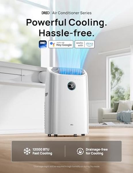 Dreo Portable Air Conditioners, 12000 BTU AC Unit for Bedroom with Drainage-free Cooling, 3-in-1 with Fan & Dehumidifier, Touch/APP/Voice/Remote, 24h Timer, Smart Floor AC for Room