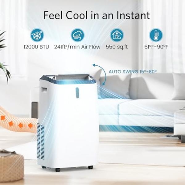 12000 BTU Portable Air Conditioners, Portable AC Unit for Room Cools up to 550 sq.ft, 3-in-1 Free Standing Cooling AC Unit with Fan & Dehumidifier, Sleep Mode,24H Timer, Automatic 