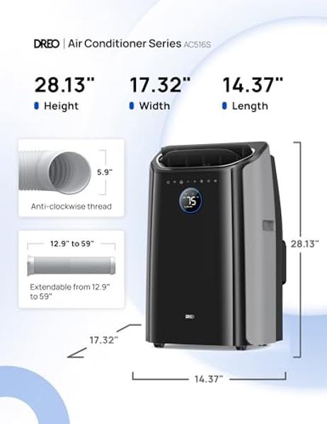 Dreo Portable Air Conditioners, 14000 BTU AC Unit for Bedroom with Drainage-free Cooling, 3-in-1 with Fan & Dehumidifier, Touch/APP/Voice/Remote, 24h Timer, Smart Floor AC for Room
