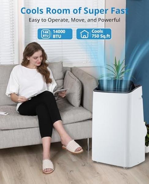 Takywep 14,000BTU Portable Air Conditioner, Portable AC Unit with Remote Control, Energy-Efficient Cooling for 750 Sq.ft Spaces, 3-In-1 Cool, Fan, Dehumidify Modes, Sleep Mode, Por
