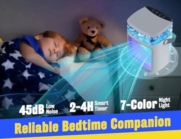 Portable Air Conditioners, Fast Cooling Evaporative Personal Air Cooler with 3 Wind Speeds, 2/4H Timer, 7 Color Lights, Mini Air Conditioner, USB Portable AC Unit Fan for Bedroom O