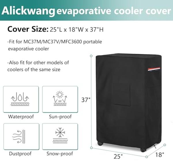 Alickwang Evaporative Cooler Cover for Hessaire MC37M MC37V Evaporative Cooler,Outdoor Heavy Duty 600D Waterproof Swamp Cooler Cover,25"L x 18"W x 37"H,Black