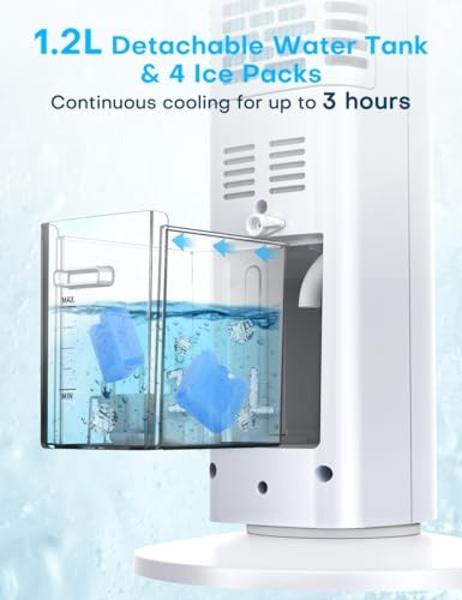 MYICY Evaporative Air Cooler, 35" Windowless Air Conditioner Portable, 3 Speeds, 1.2L Water Tank, 3 Ice Packs, 20ft Remote, 7H Timer, No Hose No Window Needed,70° Oscillating Porta
