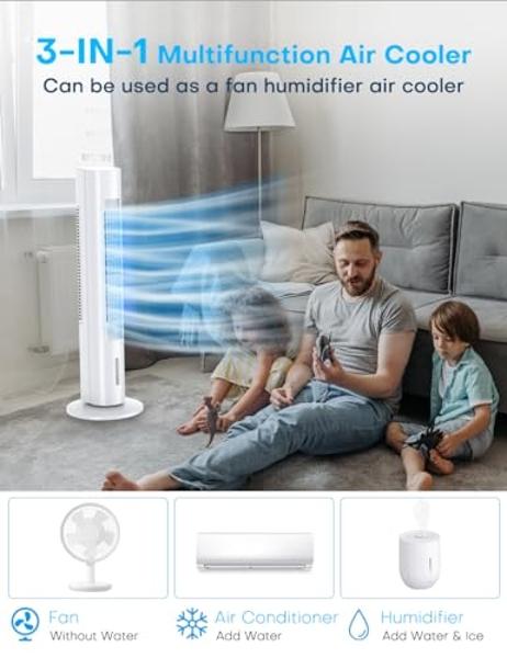 MYICY Evaporative Air Cooler, 35" Windowless Air Conditioner Portable, 3 Speeds, 1.2L Water Tank, 3 Ice Packs, 20ft Remote, 7H Timer, No Hose No Window Needed,70° Oscillating Porta