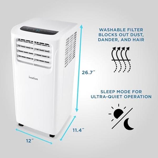 Ivation 9000 BTU Compact Portable Air Conditioner, Smallest AC Unit with Powerful Cooling, Multi-Speed Fan, Dehumidifier, Sleep Mode, Built-In Timer, Remote Control, Washable Filte
