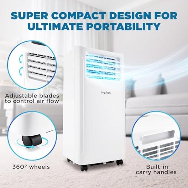 Ivation 9000 BTU Compact Portable Air Conditioner, Smallest AC Unit with Powerful Cooling, Multi-Speed Fan, Dehumidifier, Sleep Mode, Built-In Timer, Remote Control, Washable Filte